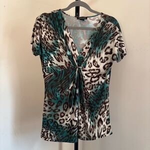 Susan Lawrence Teal and Brown Animal Print Blouse